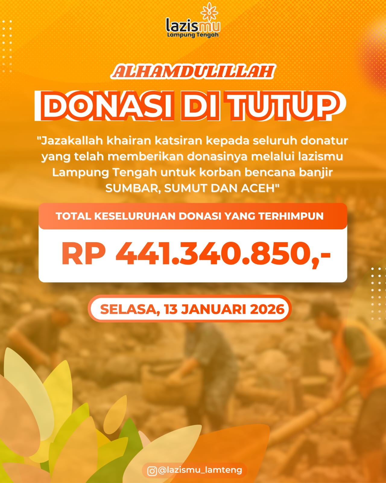 Lazismu Lampung Tengah Resmi Tutup Donasi Banjir, Himpun Dana Rp441 Juta untuk Sumbar, Sumut, dan Aceh